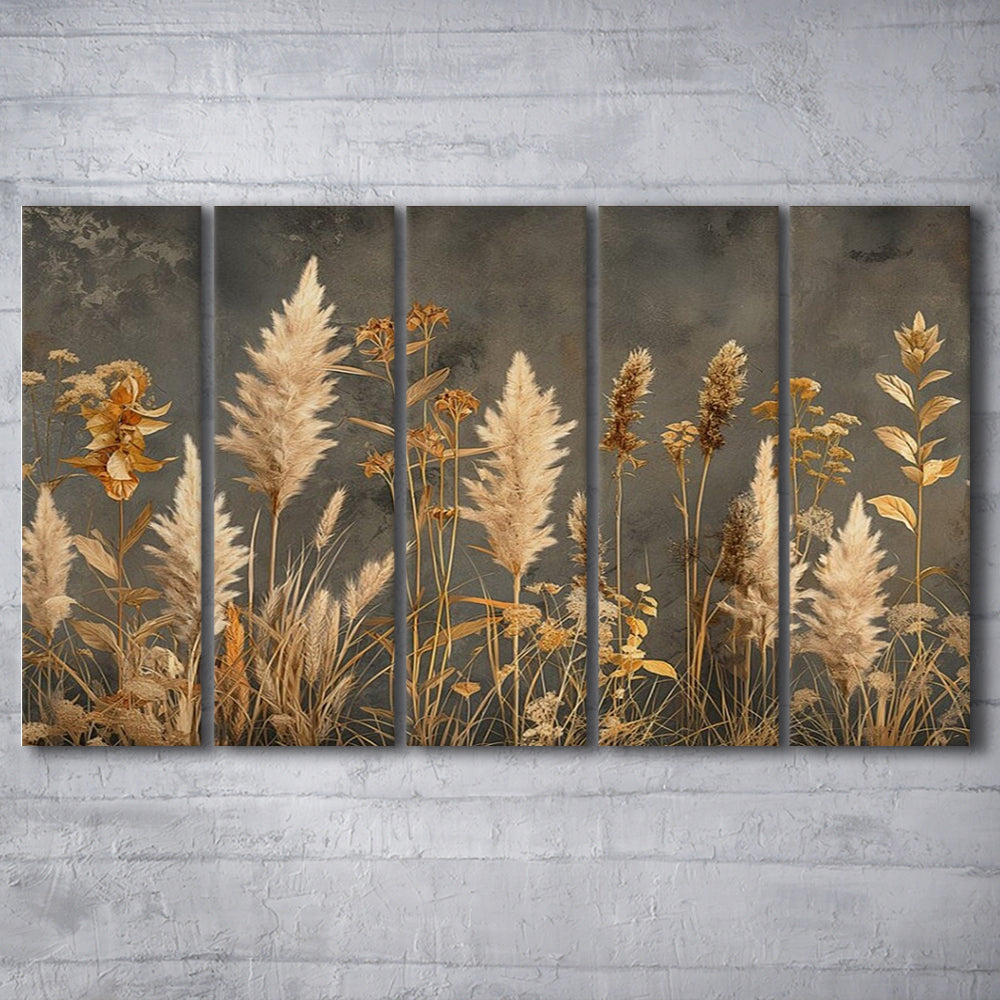 Brown Beige Grey Boho, Pampas Grass On Grey Background Neutral Painting, 5 Panel B Canvas Print Wall Art, Extra Large Canvas