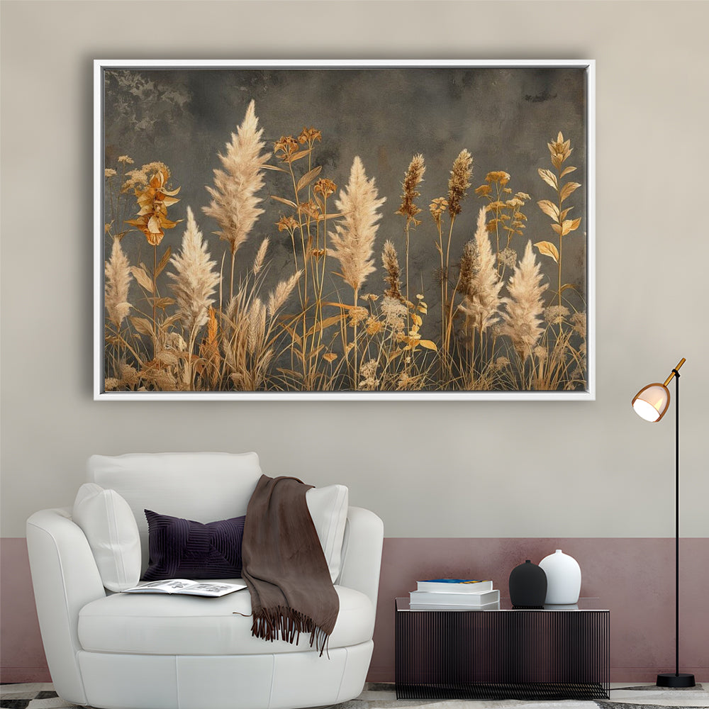 Brown Beige Grey Boho, Pampas Grass On Grey Background Neutral Painting, Framed Canvas Print Wall Art, Floating Frame