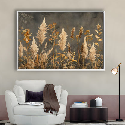 Brown Beige Grey Boho, Pampas Grass On Grey Background Neutral Painting, Framed Canvas Print Wall Art, Floating Frame