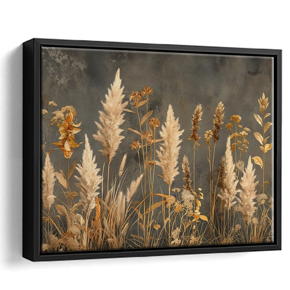 Brown Beige Grey Boho, Pampas Grass On Grey Background Neutral Painting, Framed Canvas Print Wall Art, Floating Frame