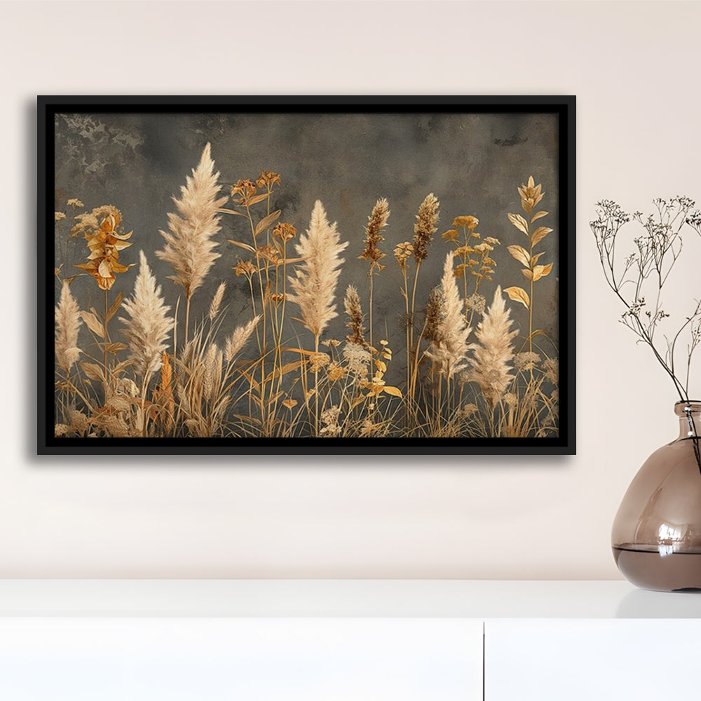 Brown Beige Grey Boho, Pampas Grass On Grey Background Neutral Painting, Framed Canvas Print Wall Art, Floating Frame