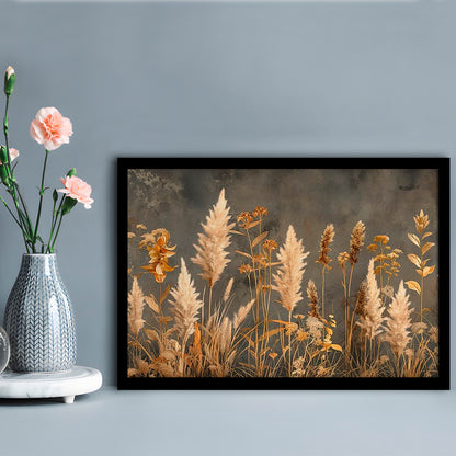 Brown Beige Grey Boho, Pampas Grass On Grey Background Neutral Painting, Framed Art Print Wall Decor, Picture Framed