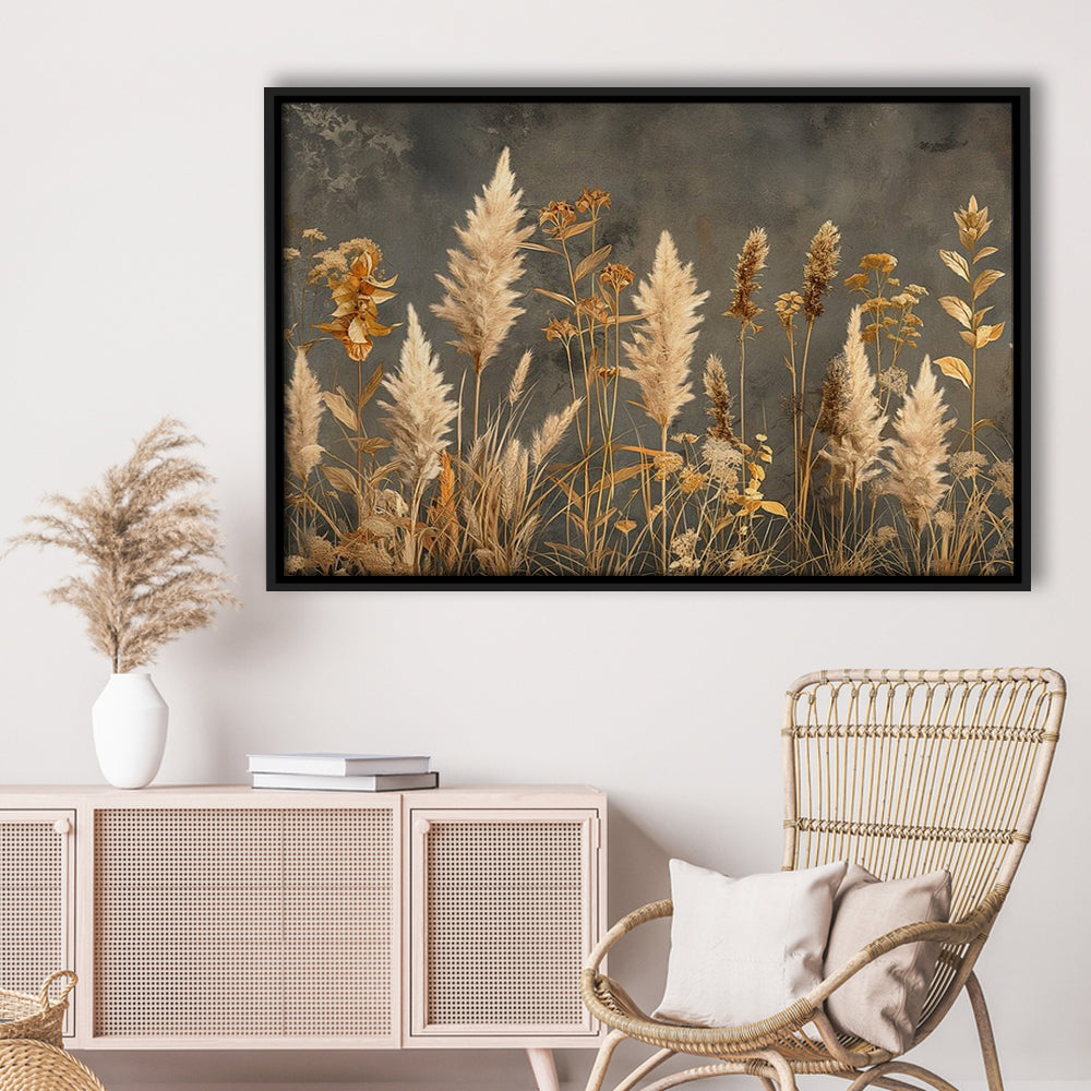 Brown Beige Grey Boho, Pampas Grass On Grey Background Neutral Painting, Framed Canvas Print Wall Art, Floating Frame