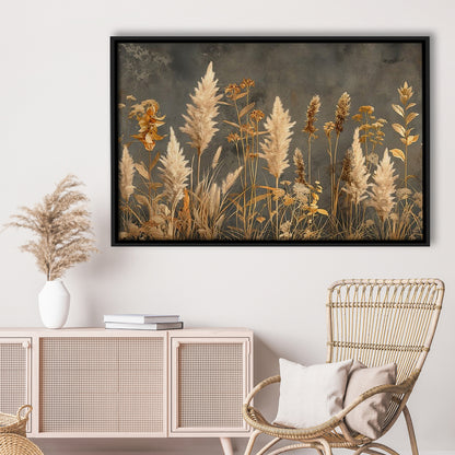 Brown Beige Grey Boho, Pampas Grass On Grey Background Neutral Painting, Framed Canvas Print Wall Art, Floating Frame