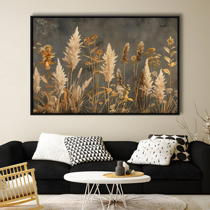Brown Beige Grey Boho, Pampas Grass On Grey Background Neutral Painting, Framed Canvas Print Wall Art, Floating Frame