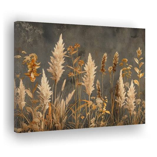 Brown Beige Grey Boho, Pampas Grass On Grey Background Neutral Painting, Canvas Print Wall Art, Wall Decor, Painting Canvas