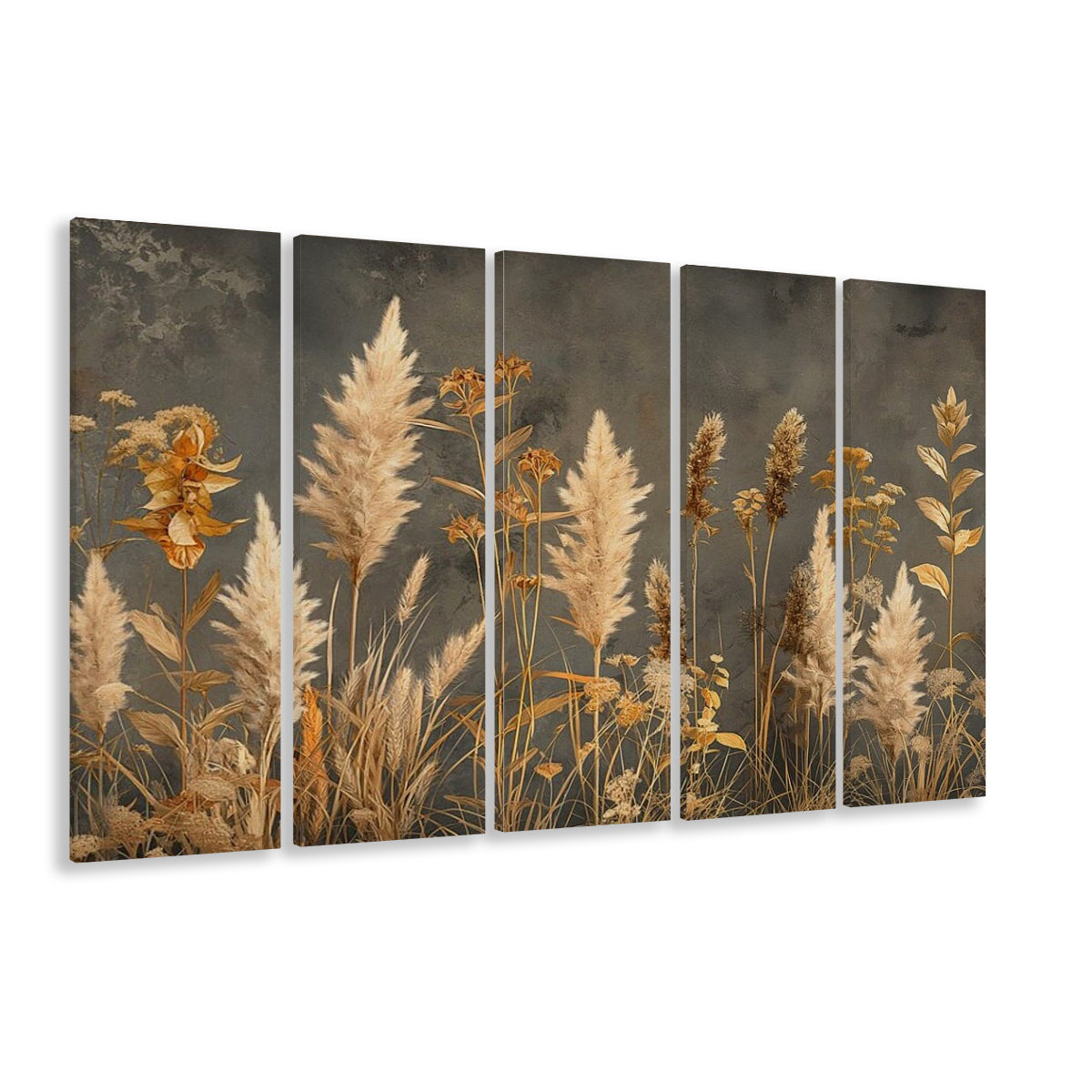 Brown Beige Grey Boho, Pampas Grass On Grey Background Neutral Painting, 5 Panel B Canvas Print Wall Art, Extra Large Canvas