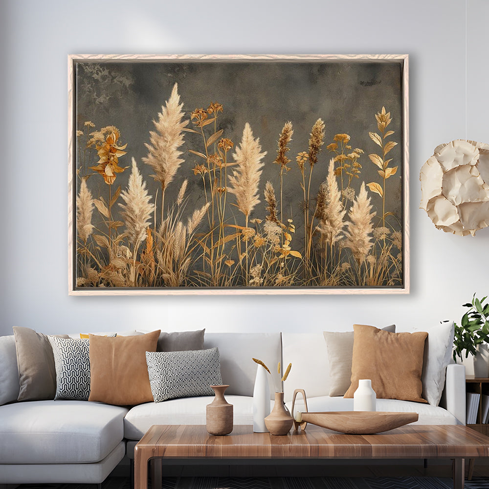 Brown Beige Grey Boho, Pampas Grass On Grey Background Neutral Painting, Framed Canvas Print Wall Art, Floating Frame