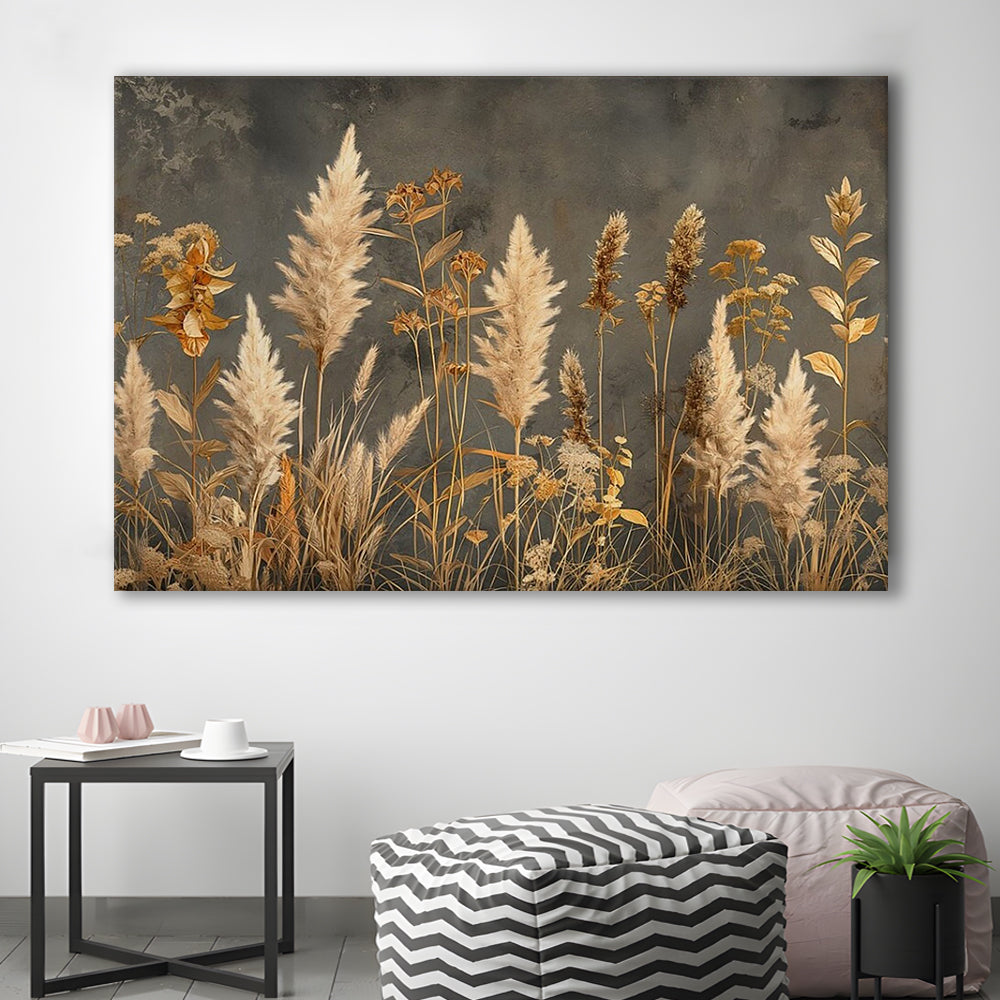 Brown Beige Grey Boho, Pampas Grass On Grey Background Neutral Painting, Canvas Print Wall Art, Wall Decor, Painting Canvas