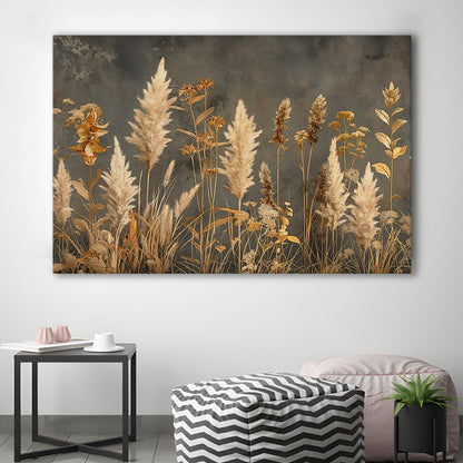 Brown Beige Grey Boho, Pampas Grass On Grey Background Neutral Painting, Canvas Print Wall Art, Wall Decor, Painting Canvas