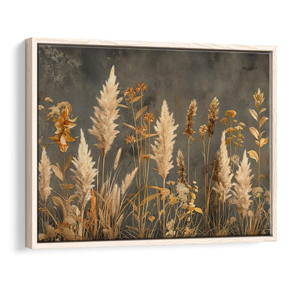 Brown Beige Grey Boho, Pampas Grass On Grey Background Neutral Painting, Framed Canvas Print Wall Art, Floating Frame