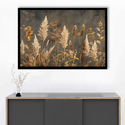 Brown Beige Grey Boho, Pampas Grass On Grey Background Neutral Painting, Framed Art Print Wall Decor, Picture Framed