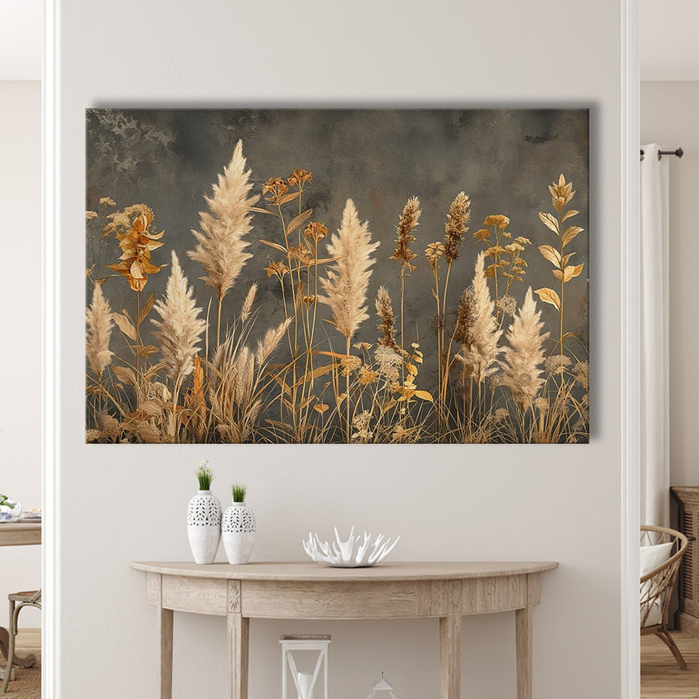 Brown Beige Grey Boho, Pampas Grass On Grey Background Neutral Painting, Canvas Print Wall Art, Wall Decor, Painting Canvas