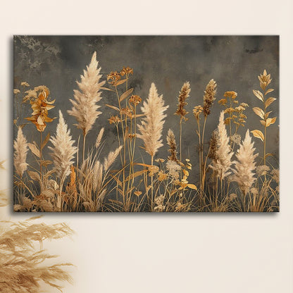 Brown Beige Grey Boho, Pampas Grass On Grey Background Neutral Painting, Canvas Print Wall Art, Wall Decor, Painting Canvas