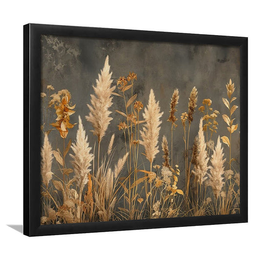 Brown Beige Grey Boho, Pampas Grass On Grey Background Neutral Painting, Framed Art Print Wall Decor, Picture Framed