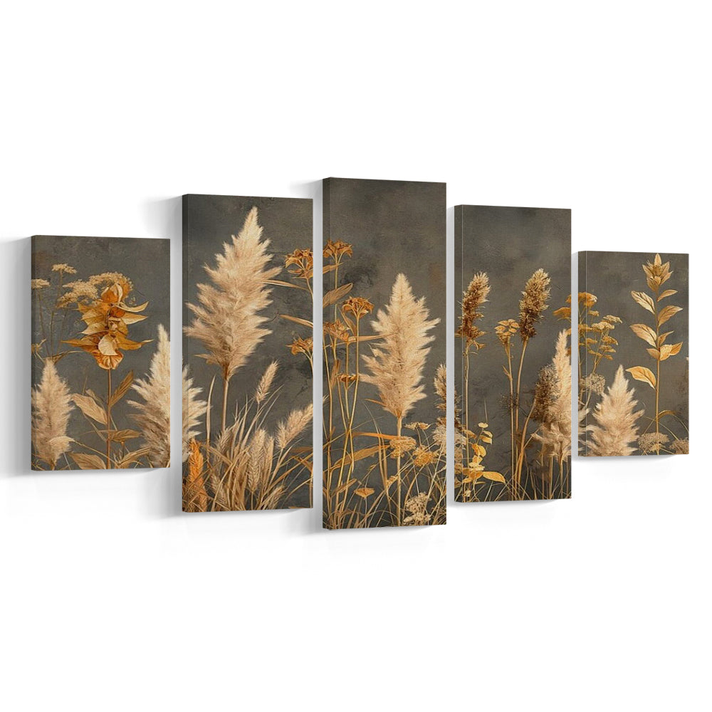 Brown Beige Grey Boho, Pampas Grass On Grey Background Neutral Painting, 5 Panel Mixed Canvas Print Wall Art, Large Canvas