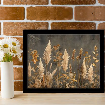 Brown Beige Grey Boho, Pampas Grass On Grey Background Neutral Painting, Framed Art Print Wall Decor, Picture Framed