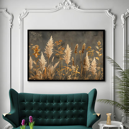 Brown Beige Grey Boho, Pampas Grass On Grey Background Neutral Painting, Framed Art Print Wall Decor, Picture Framed