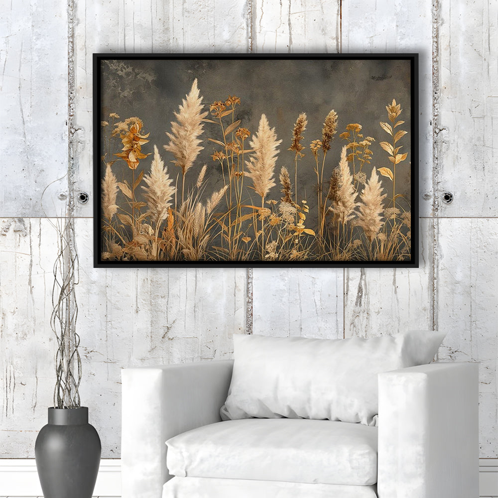 Brown Beige Grey Boho, Pampas Grass On Grey Background Neutral Painting, Framed Canvas Print Wall Art, Floating Frame