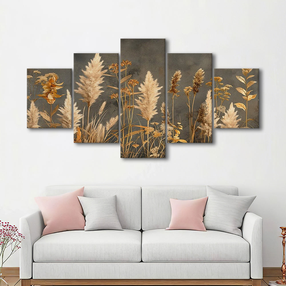 Brown Beige Grey Boho, Pampas Grass On Grey Background Neutral Painting, 5 Panel Mixed Canvas Print Wall Art, Large Canvas