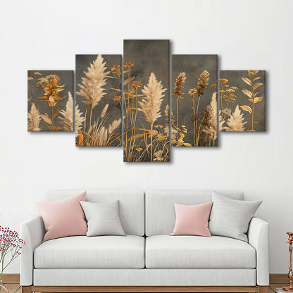 Brown Beige Grey Boho, Pampas Grass On Grey Background Neutral Painting, 5 Panel Mixed Canvas Print Wall Art, Large Canvas