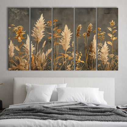Brown Beige Grey Boho, Pampas Grass On Grey Background Neutral Painting, 5 Panel B Canvas Print Wall Art, Extra Large Canvas