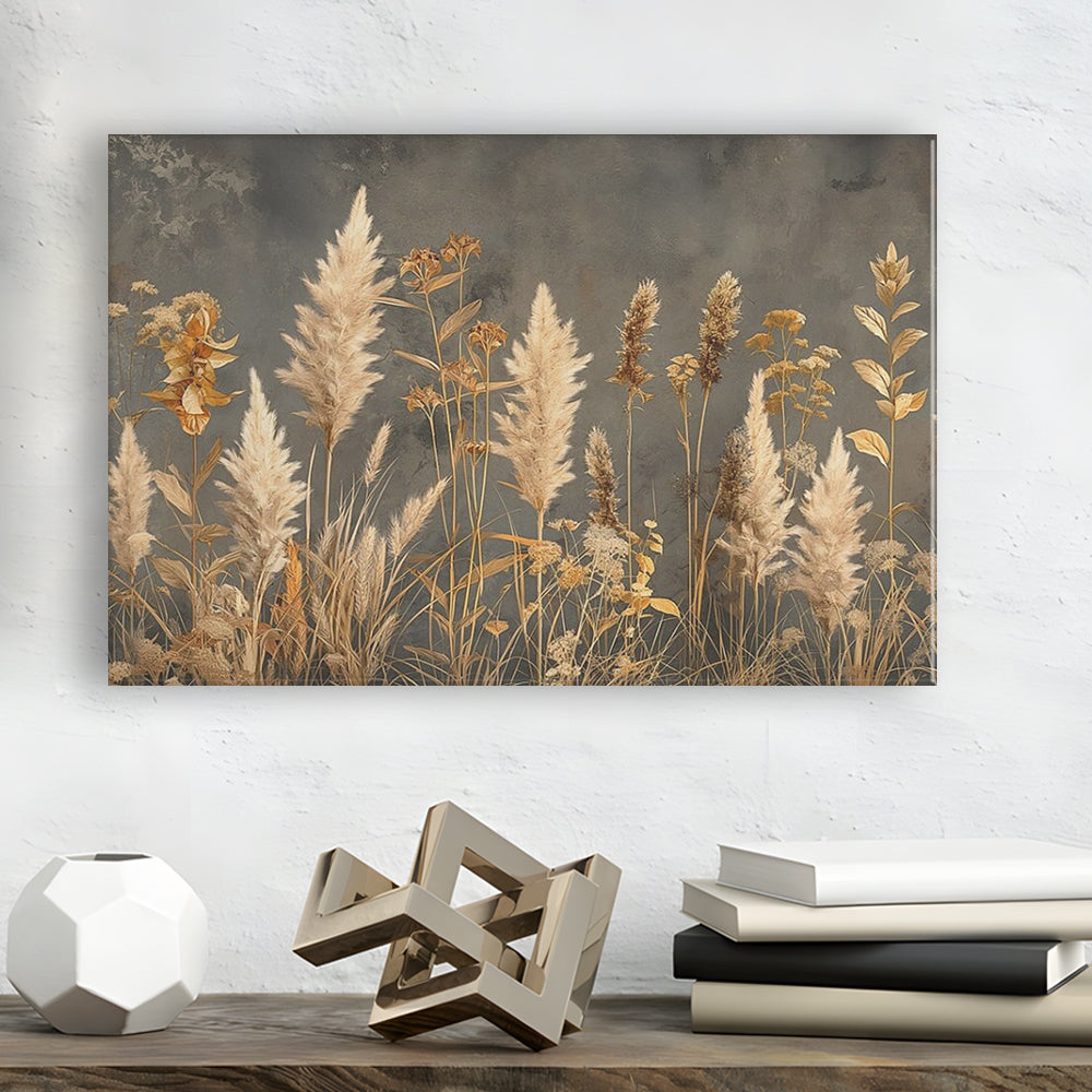Brown Beige Grey Boho, Pampas Grass On Grey Background Neutral Painting, Canvas Print Wall Art, Wall Decor, Painting Canvas