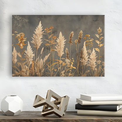 Brown Beige Grey Boho, Pampas Grass On Grey Background Neutral Painting, Canvas Print Wall Art, Wall Decor, Painting Canvas