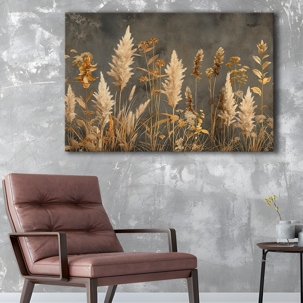 Brown Beige Grey Boho, Pampas Grass On Grey Background Neutral Painting, Canvas Print Wall Art, Wall Decor, Painting Canvas