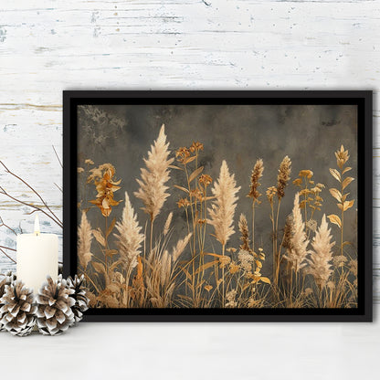 Brown Beige Grey Boho, Pampas Grass On Grey Background Neutral Painting, Framed Canvas Print Wall Art, Floating Frame