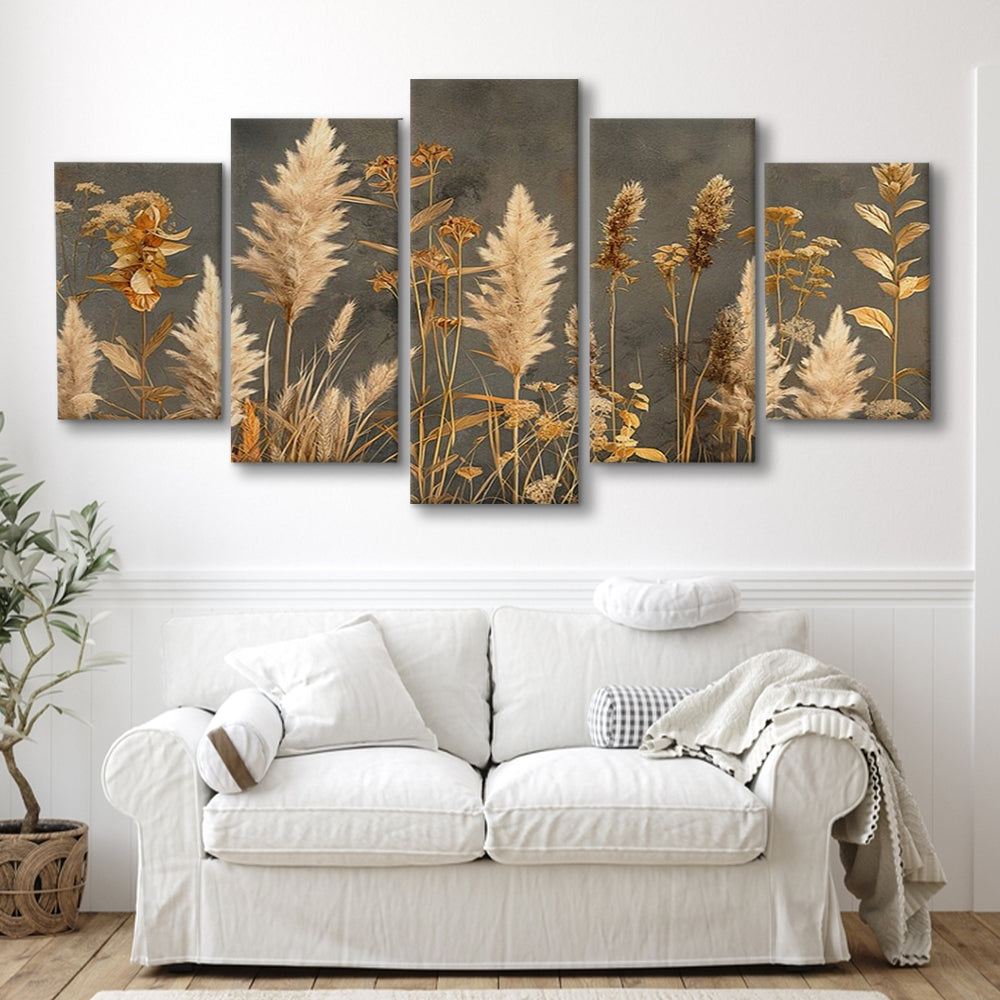 Brown Beige Grey Boho, Pampas Grass On Grey Background Neutral Painting, 5 Panel Mixed Canvas Print Wall Art, Large Canvas