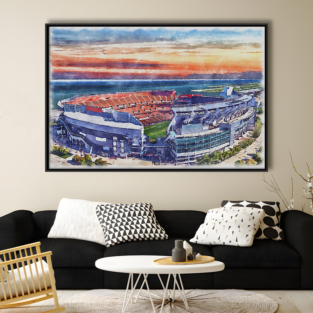 Browns Football Stadium- FirstEnergy Stadium, Watercolor, Sport Gift Art, Framed Canvas Print Wall Art