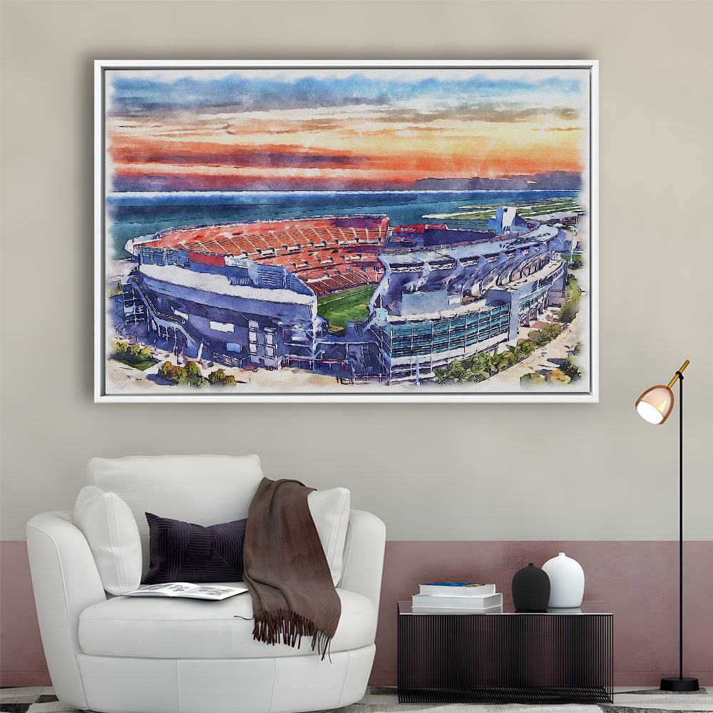 Browns Football Stadium- FirstEnergy Stadium, Watercolor, Sport Gift Art, Framed Canvas Print Wall Art