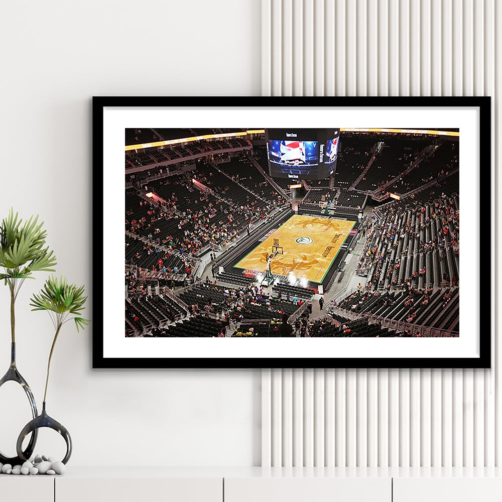 Buck's New Fiserv Forum Arena, Stadium Canvas, Sport Art, Gift for him, White Border Framed Art Print Wall Decor