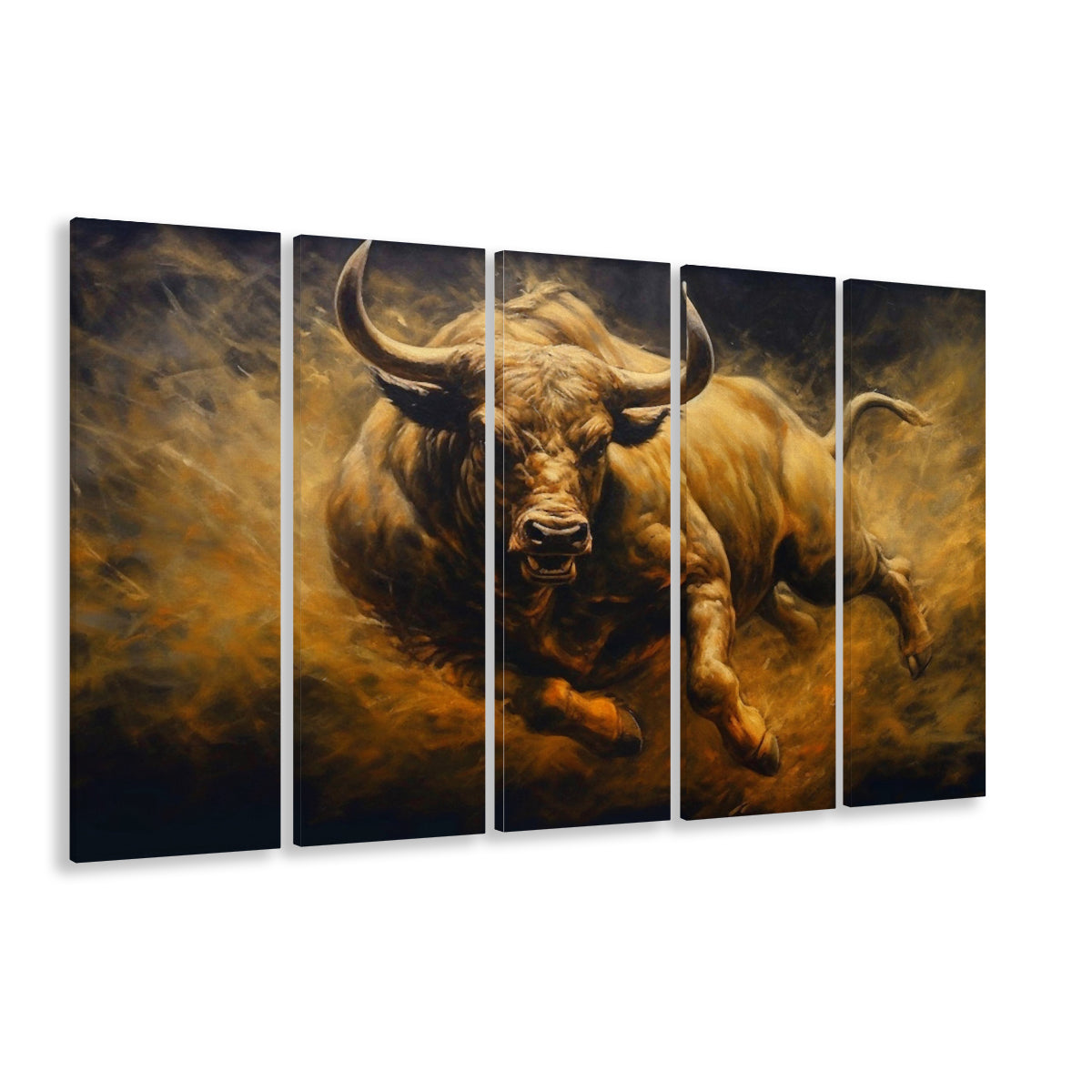 Bull Painting Print On Canvas, Office, Game Room Art, Charging Bull, 5 Panel B Canvas Print Wall Art, Extra Large Canvas