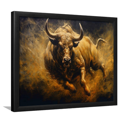 Bull Painting Print On Canvas, Office, Game Room Art, Charging Bull, Framed Art Print Wall Decor, Picture Framed