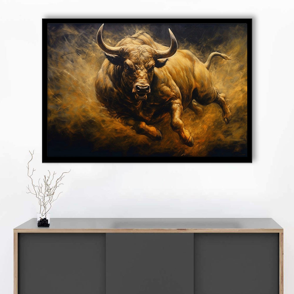 Bull Painting Print On Canvas, Office, Game Room Art, Charging Bull, Framed Art Print Wall Decor, Picture Framed