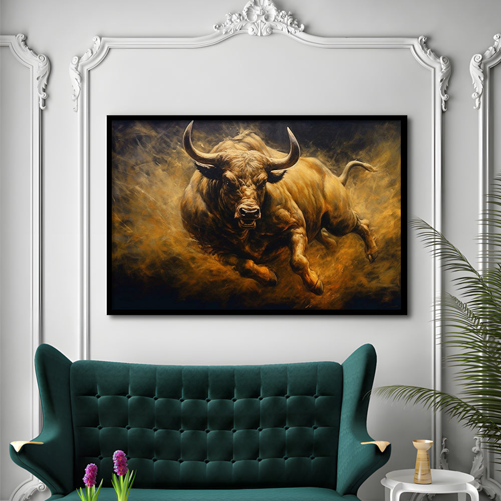 Bull Painting Print On Canvas, Office, Game Room Art, Charging Bull, Framed Art Print Wall Decor, Picture Framed