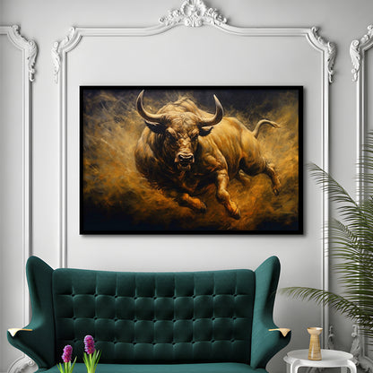 Bull Painting Print On Canvas, Office, Game Room Art, Charging Bull, Framed Art Print Wall Decor, Picture Framed