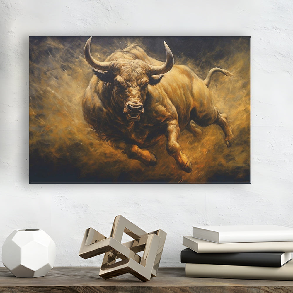 Bull Painting Print On Canvas, Office, Game Room Art, Charging Bull, Canvas Print Wall Art, Wall Decor, Painting Canvas