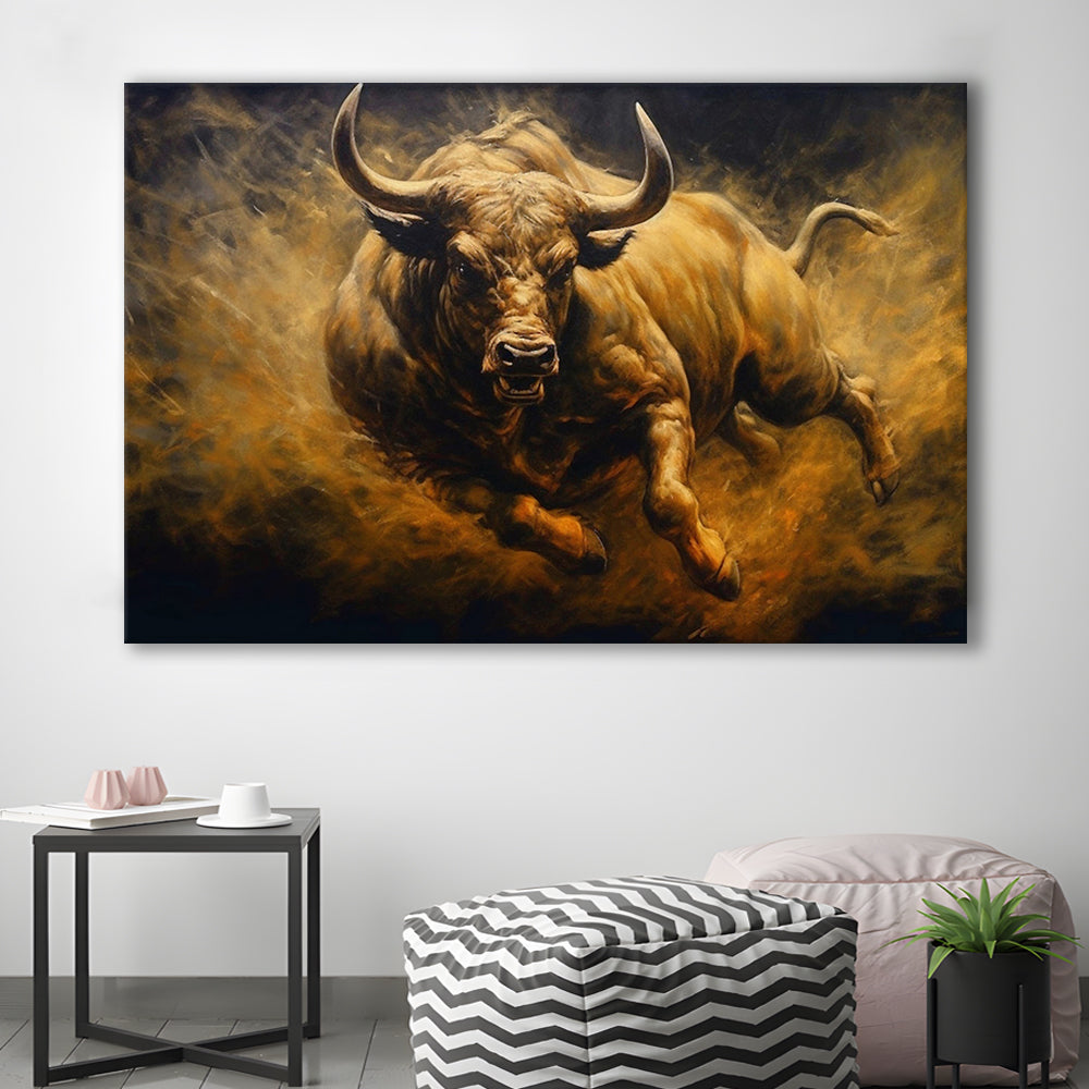 Bull Painting Print On Canvas, Office, Game Room Art, Charging Bull, Canvas Print Wall Art, Wall Decor, Painting Canvas