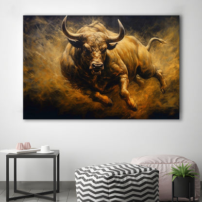 Bull Painting Print On Canvas, Office, Game Room Art, Charging Bull, Canvas Print Wall Art, Wall Decor, Painting Canvas
