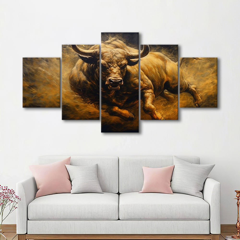 Bull Painting Print On Canvas, Office, Game Room Art, Charging Bull, 5 Panel Mixed Canvas Print Wall Art, Large Canvas