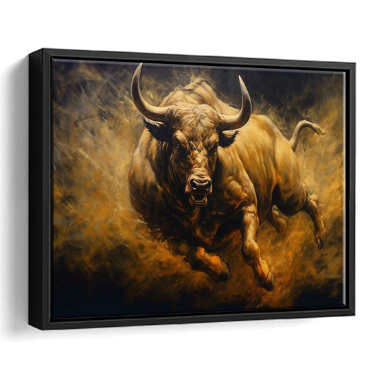 Bull Painting Print On Canvas, Office, Game Room Art, Charging Bull, Framed Canvas Print Wall Art, Floating Frame