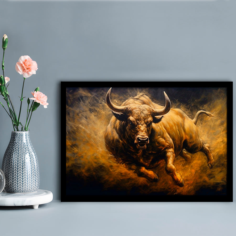 Bull Painting Print On Canvas, Office, Game Room Art, Charging Bull, Framed Art Print Wall Decor, Picture Framed