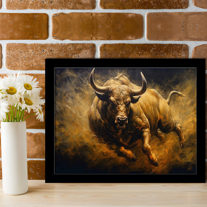 Bull Painting Print On Canvas, Office, Game Room Art, Charging Bull, Framed Art Print Wall Decor, Picture Framed