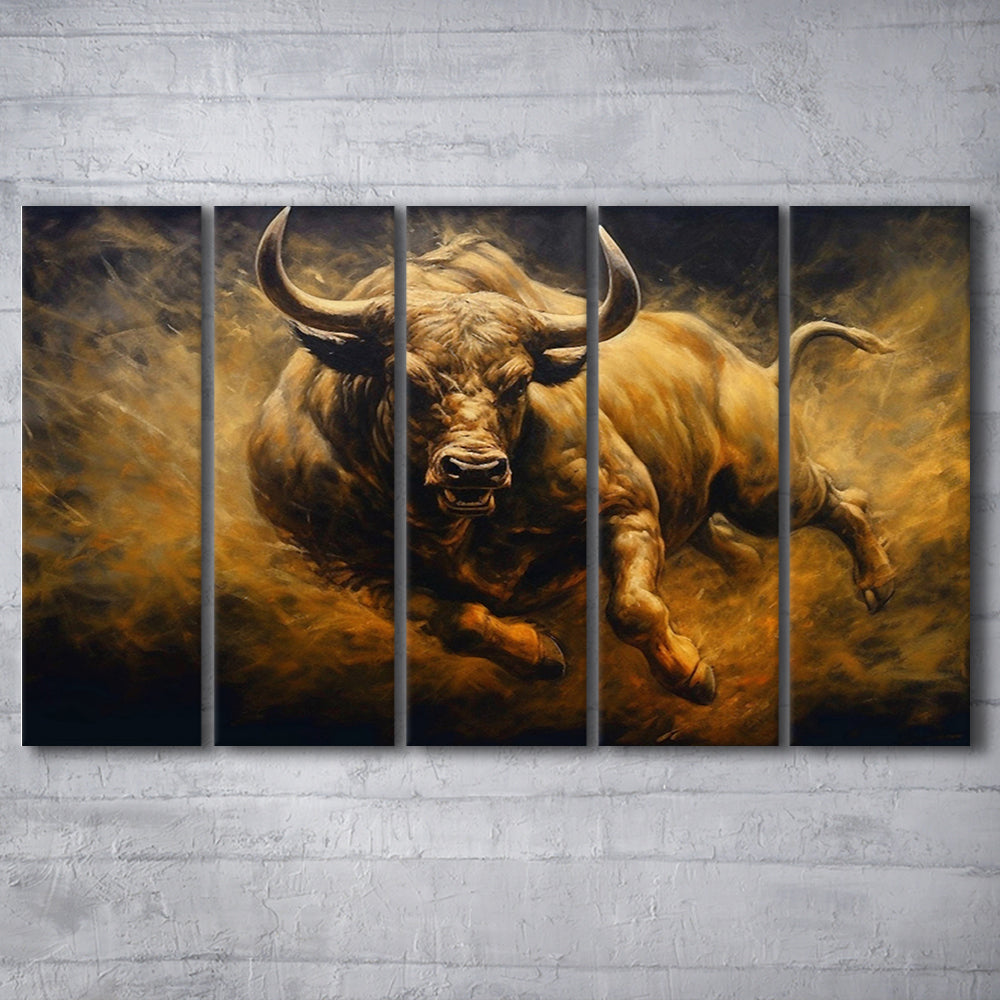 Bull Painting Print On Canvas, Office, Game Room Art, Charging Bull, 5 Panel B Canvas Print Wall Art, Extra Large Canvas