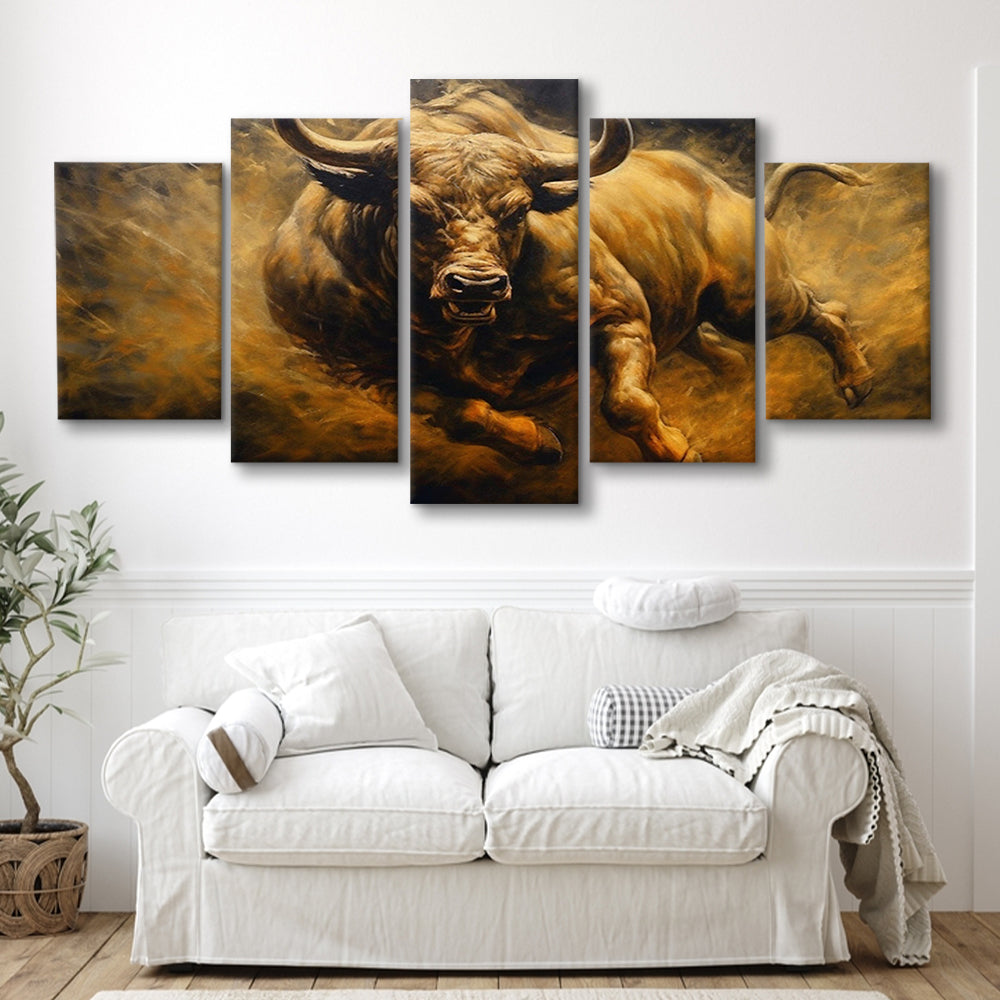 Bull Painting Print On Canvas, Office, Game Room Art, Charging Bull, 5 Panel Mixed Canvas Print Wall Art, Large Canvas