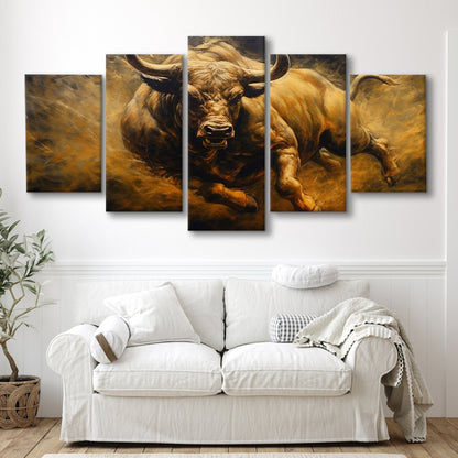 Bull Painting Print On Canvas, Office, Game Room Art, Charging Bull, 5 Panel Mixed Canvas Print Wall Art, Large Canvas
