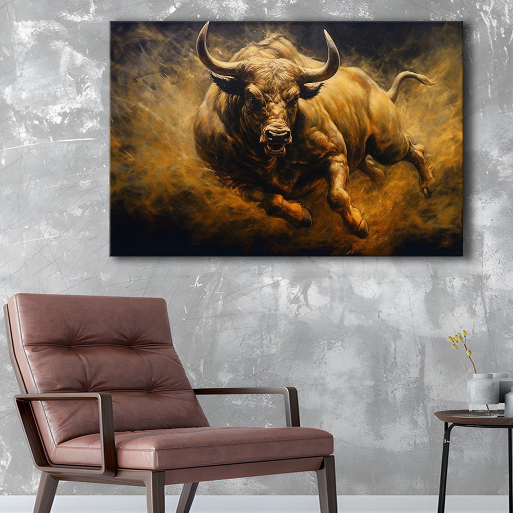 Bull Painting Print On Canvas, Office, Game Room Art, Charging Bull, Canvas Print Wall Art, Wall Decor, Painting Canvas